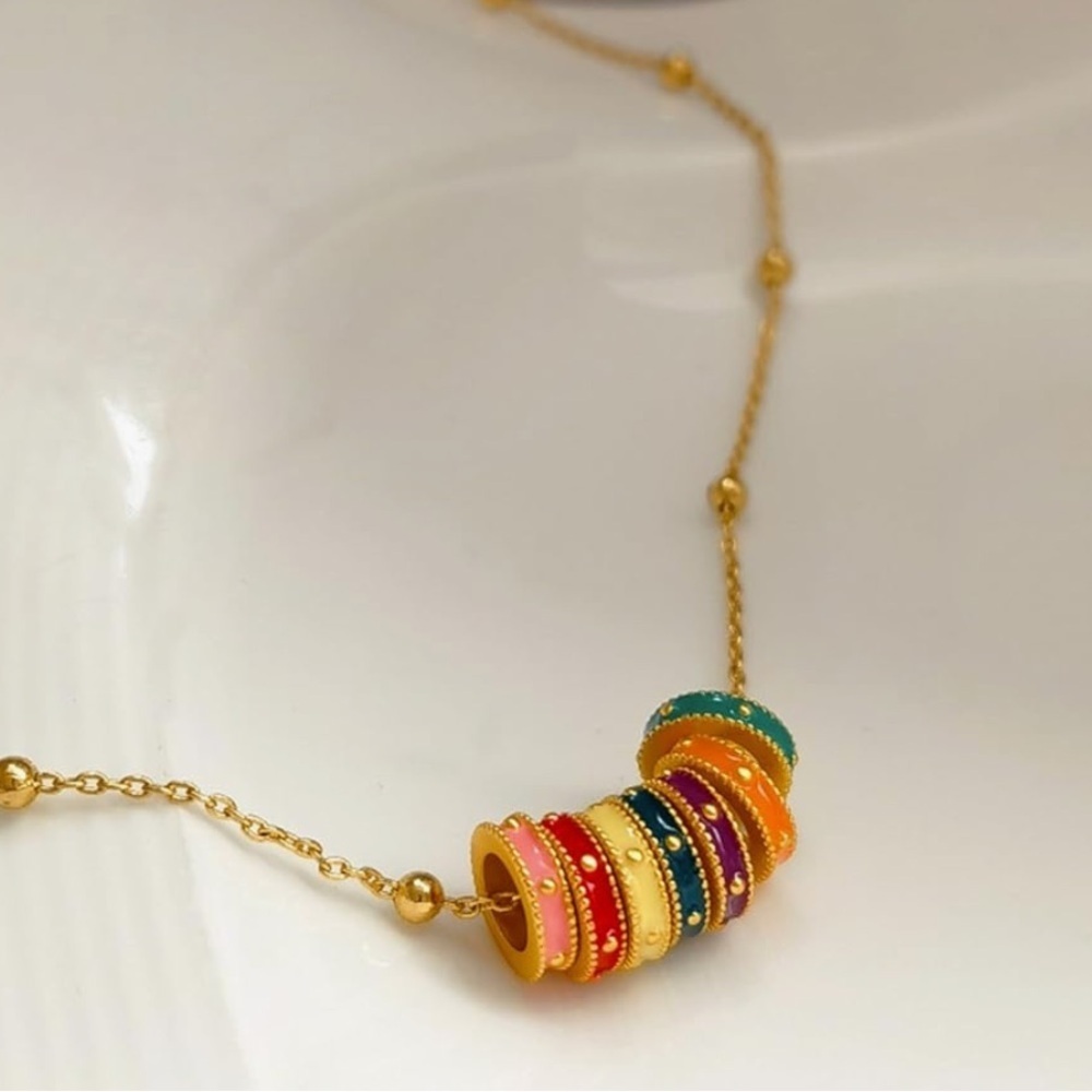 14kt gold plated dainty multicolored 7 ring luxury designer style neckla…